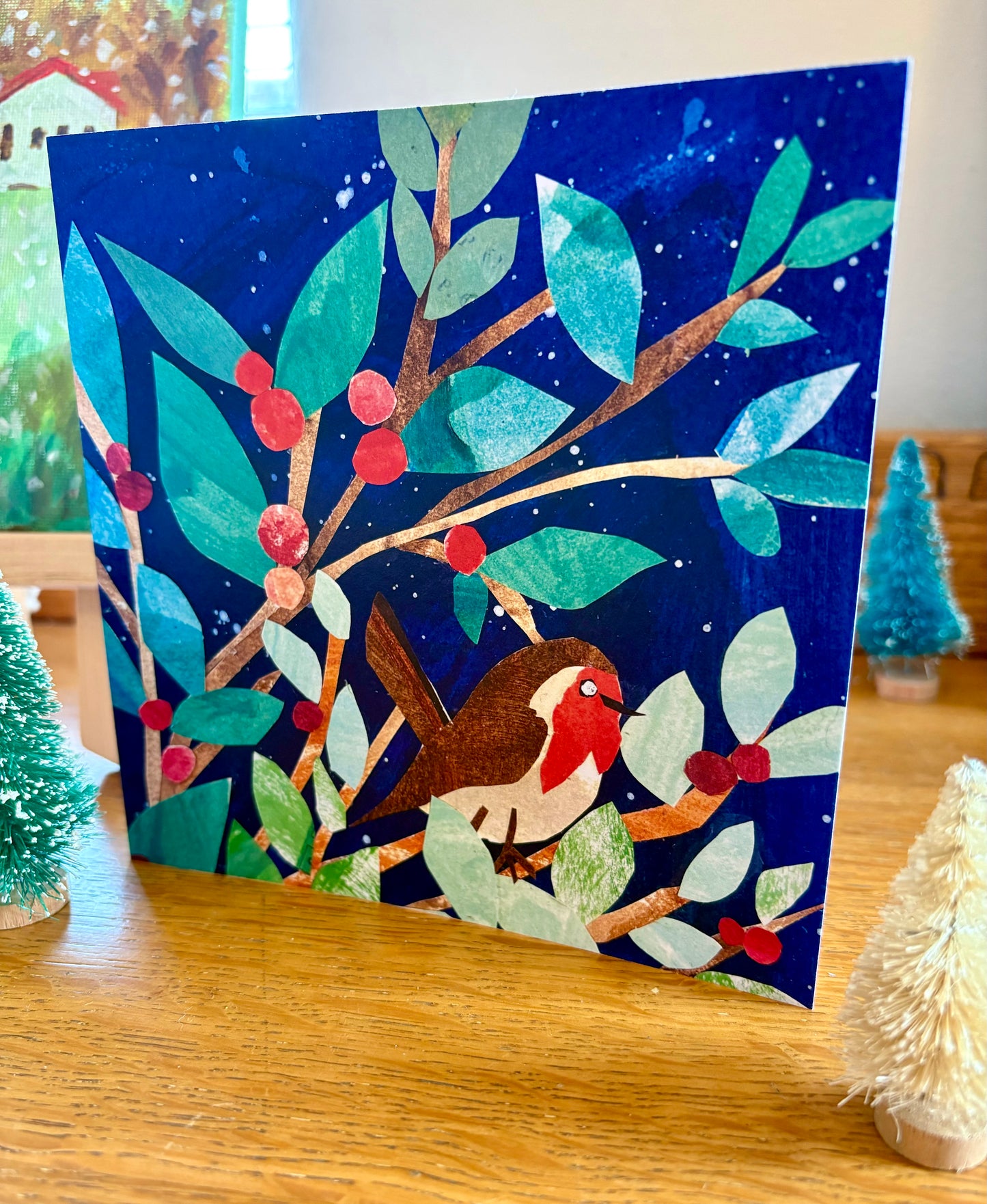 Robin in the Cotoneaster Tree - 15cm x 15cm (6in x 6in) Christmas Card made from recycled material