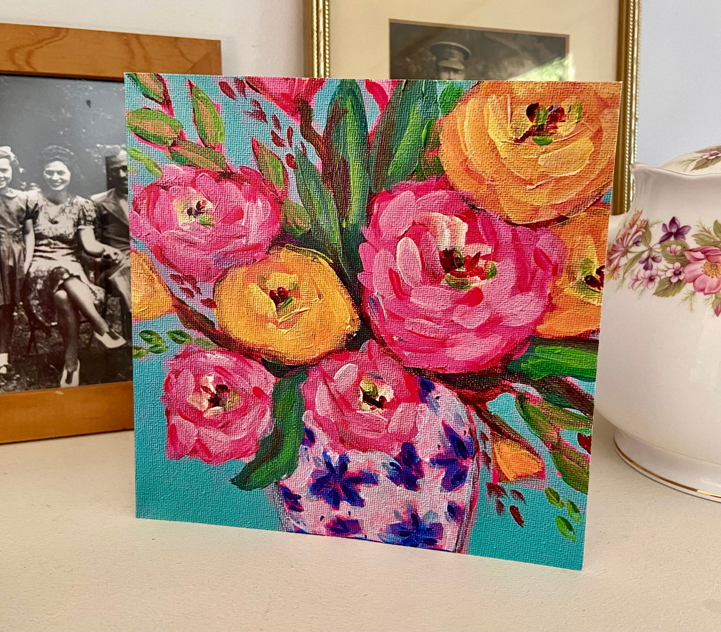 Flowers in Blue and White Vase - 15cm x 15cm (6in x 6in) Greeting Card made from recycled material