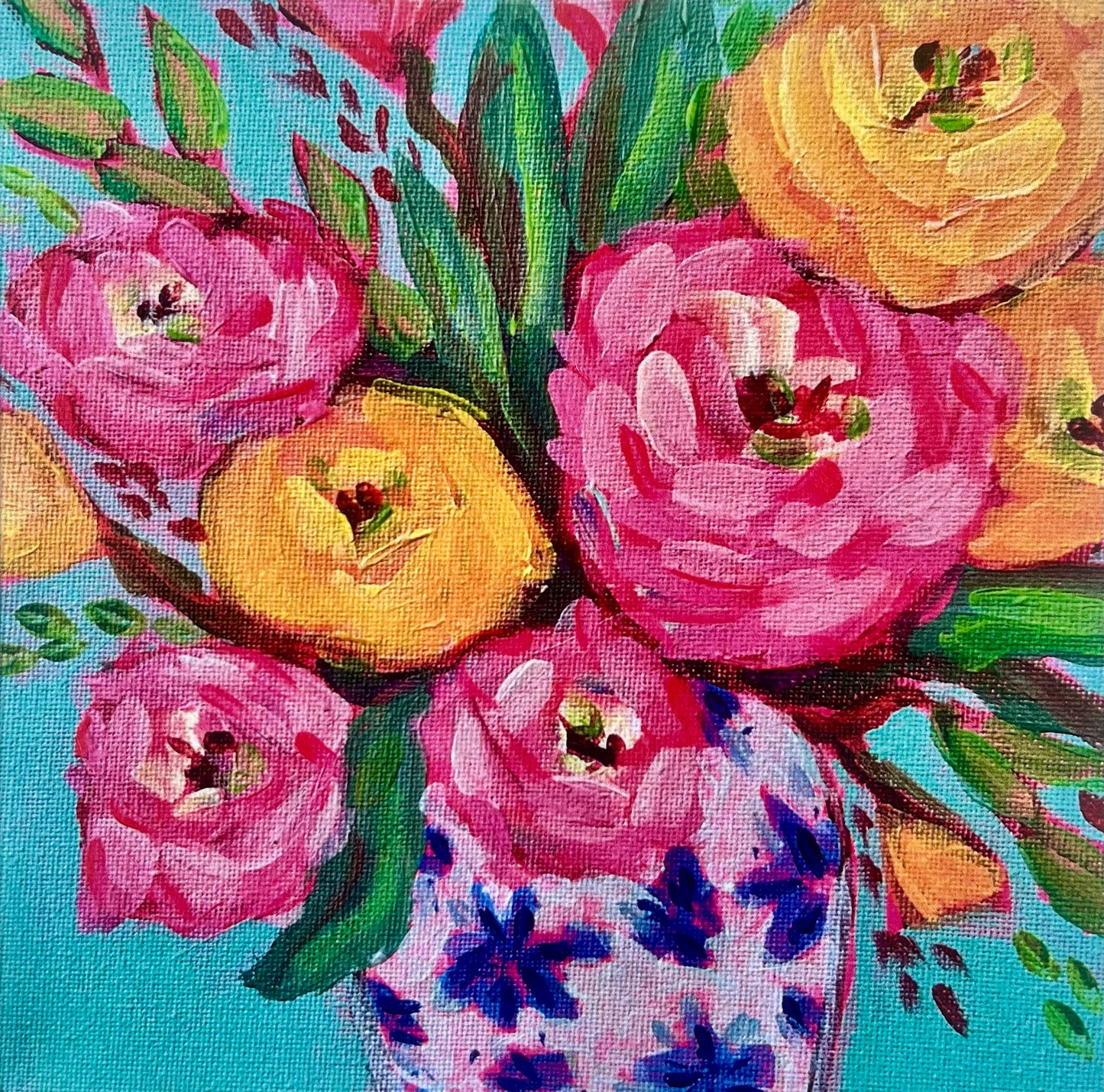 Flowers in Blue and White Vase - 15cm x 15cm (6in x 6in) Greeting Card made from recycled material