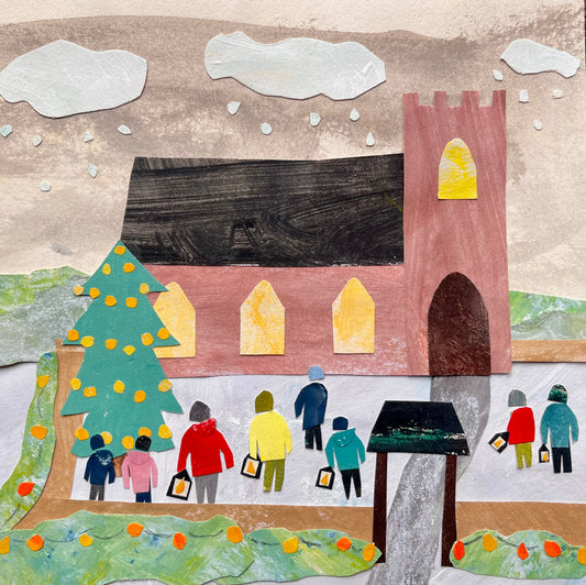 “Village Festivities” - 15cm x 15cm (6in x 6in) Christmas Card made from recycled material