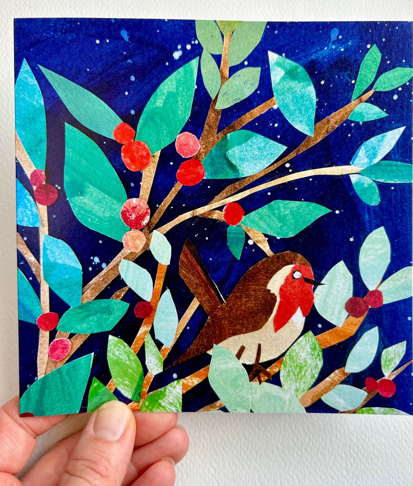 Robin in the Cotoneaster Tree - 15cm x 15cm (6in x 6in) Christmas Card made from recycled material