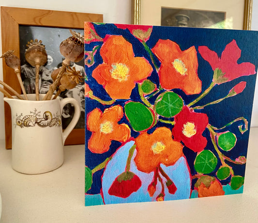 Nasturtium Blooms in the Autumn - 15cm x 15cm (6in x 6in) Greeting Card made from recycled material