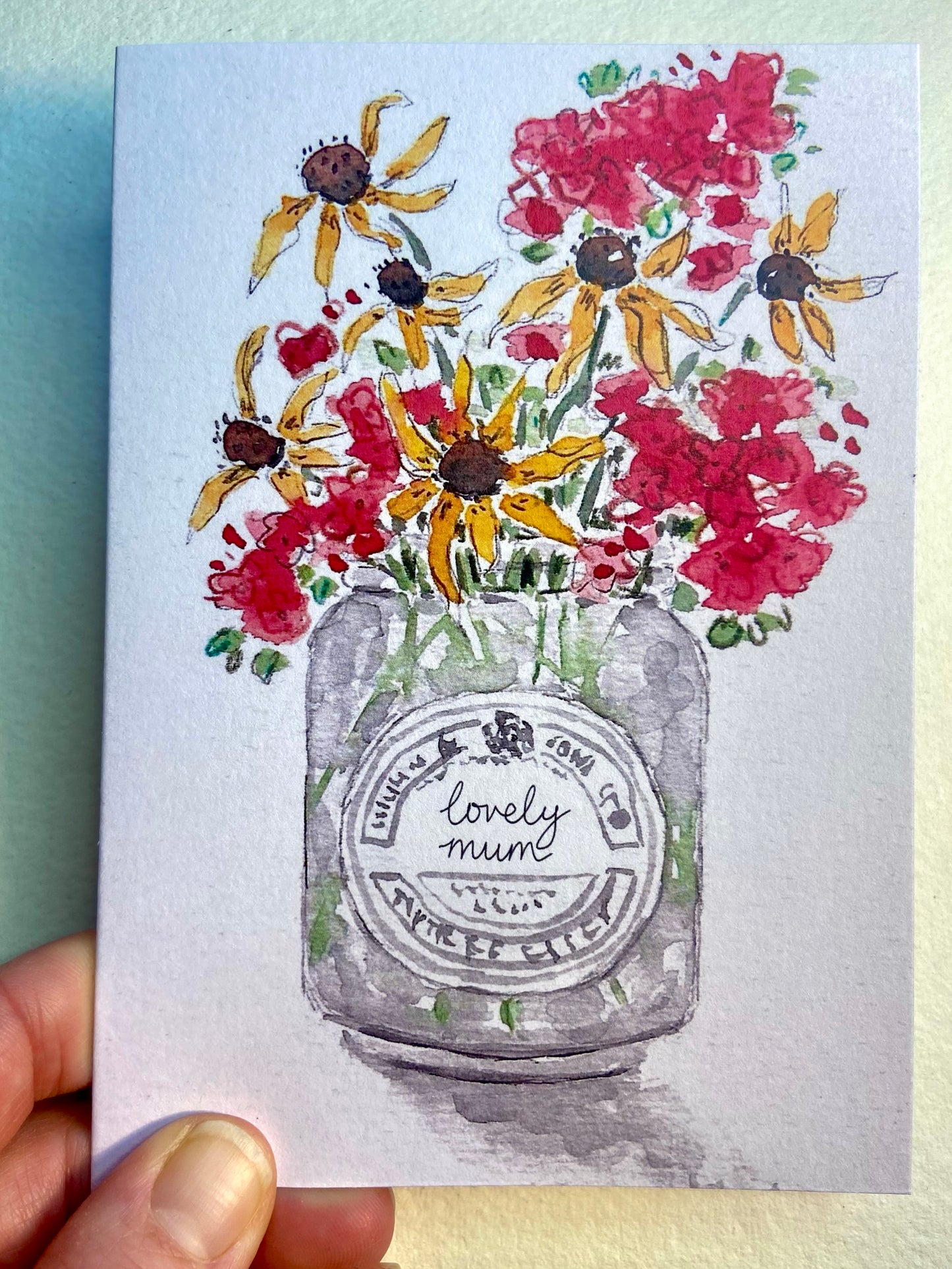 “Mothers’ Day Flowers in Jam Jar” Mothers’ Day Watercolour - 10.5cm x 14.8 cm (A6) Card made from recycled material