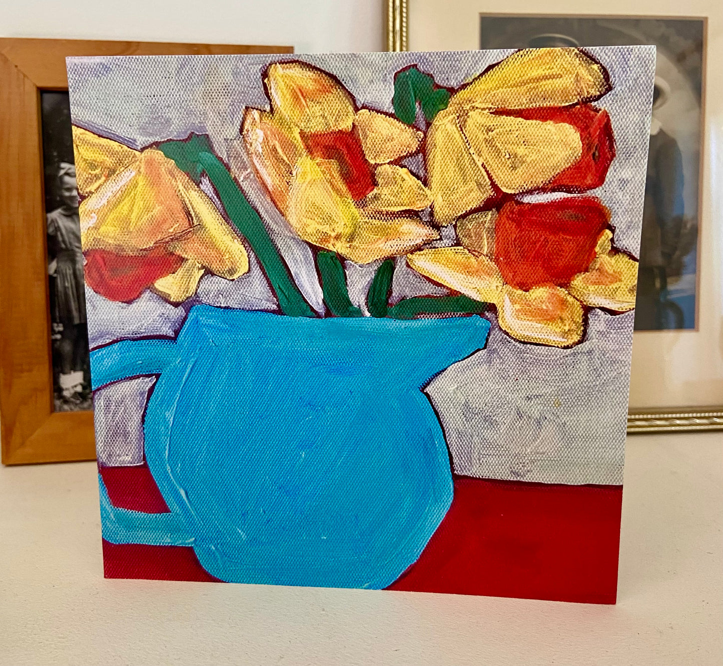 Daffodils in Turquoise Jug - 15cm x 15cm (6in x 6in) Greeting Card made from recycled material