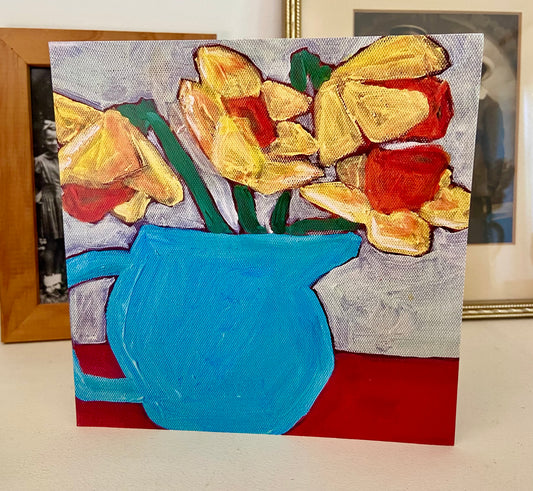 Daffodils in Turquoise Jug - 15cm x 15cm (6in x 6in) Greeting Card made from recycled material